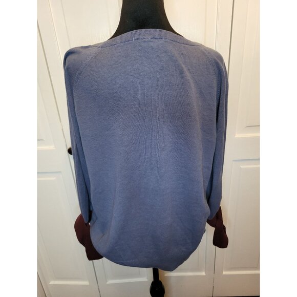 Boden Blue/Burgundy Linen Blend Tie Sweater 3/4 Sleeves L Twee Cottage Retro - Picture 2 of 9